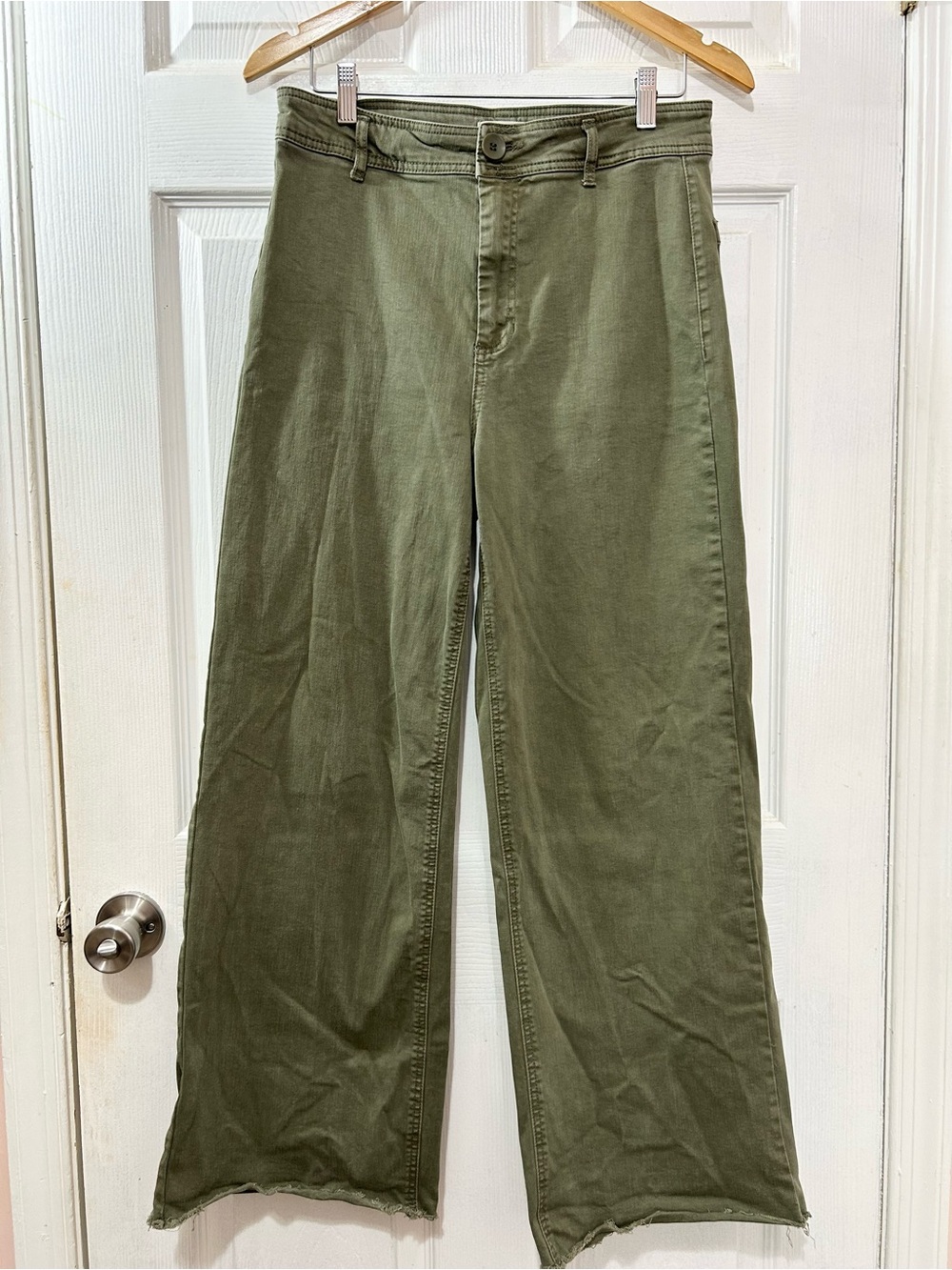 OAT New York High Rise Wide Leg Raw Hem Pants — Olive Green, Size 10/30